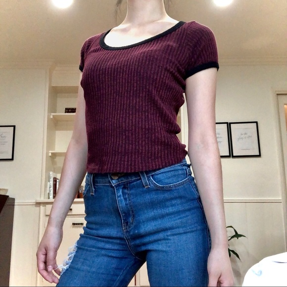 Y2K Burgundy Crew Neck Top - Picture 1 of 2